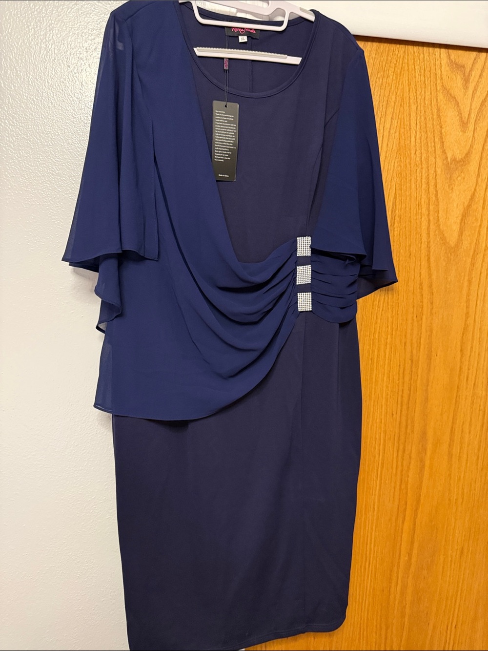 Women's Navy Midi Dress with Draped Overlay and Rhinestone Accent
